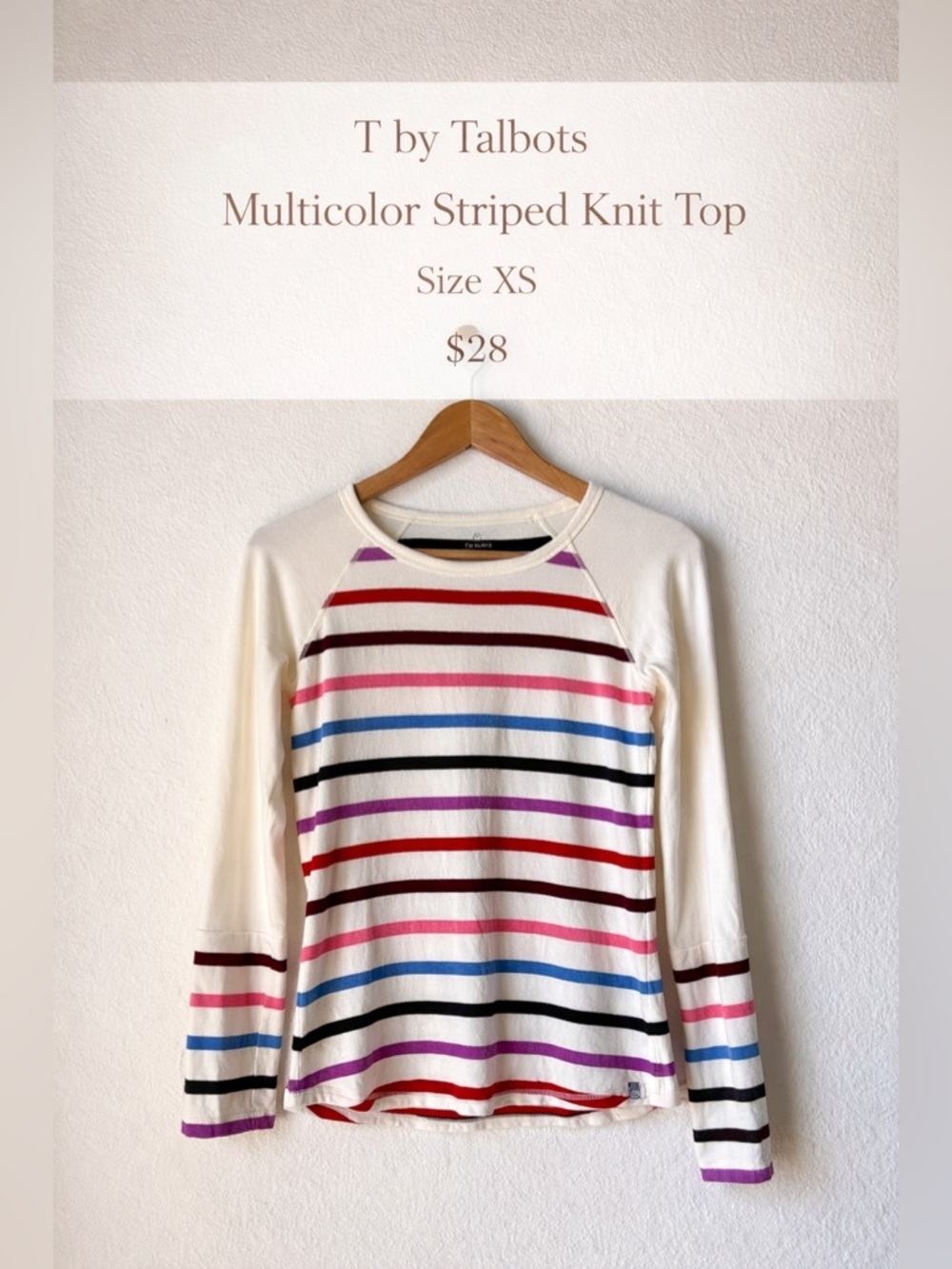 T by Talbots Multicolor Striped Knit Top Cream Long Sleeve Size XS